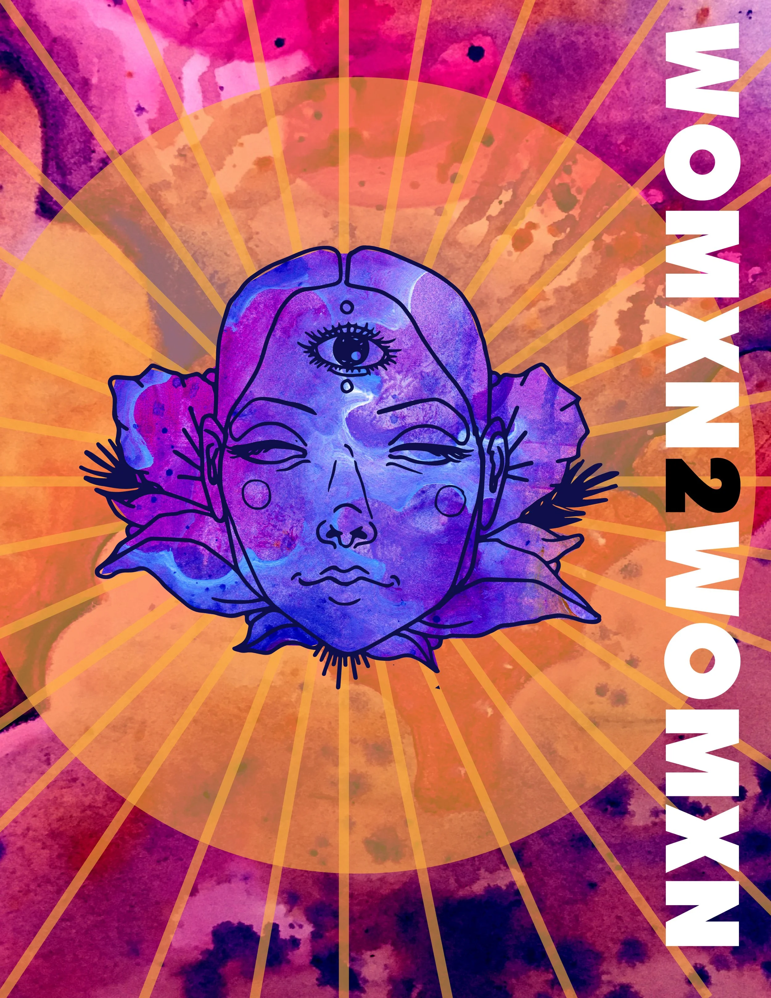 Flyer advertising a 2019 community arts event for  Womxn 2 Womxn. The line drawing was created by Sam Lazcano and watercolor, layout, and type setting were done by LeeAnn DiCicco.