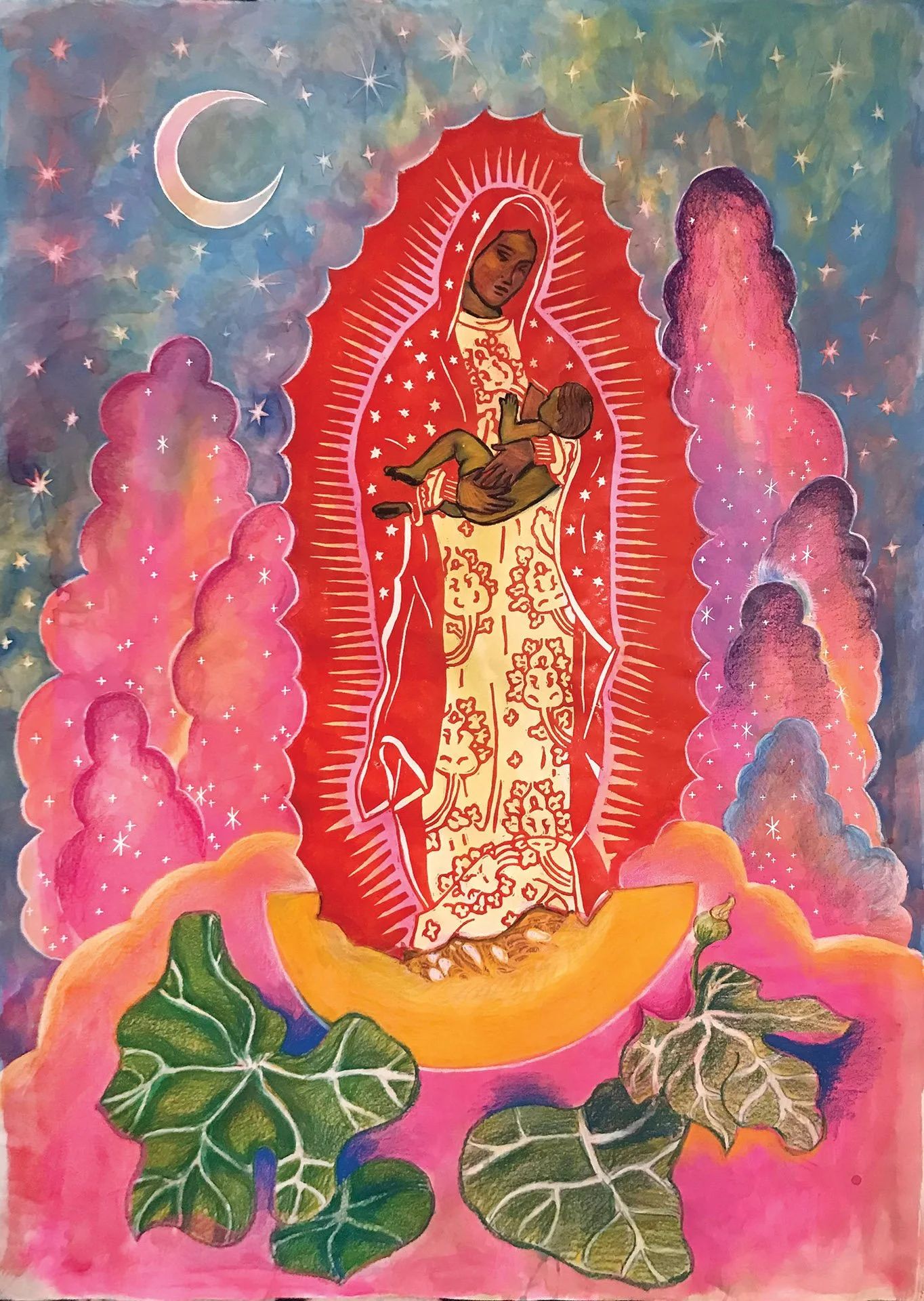 "Our Lady of the Pumpkin Plant"
woodcut, watercolor, wax pastel
32x42 in