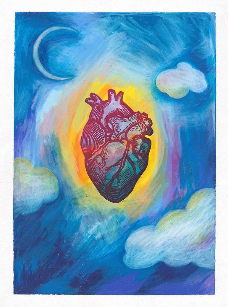 "Radiant Heart and Clouds"
woodcut, watercolor, wax pastel
11 x15 in