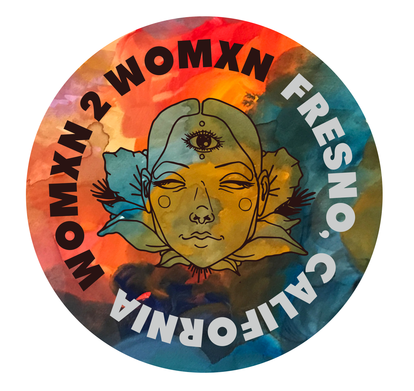 Logo for the arts non-profit Womxn 2 Womxn, full color variation.  The line drawing was created by Sam Lazcano and coloration, layout, and type setting were done by LeeAnn DiCicco.