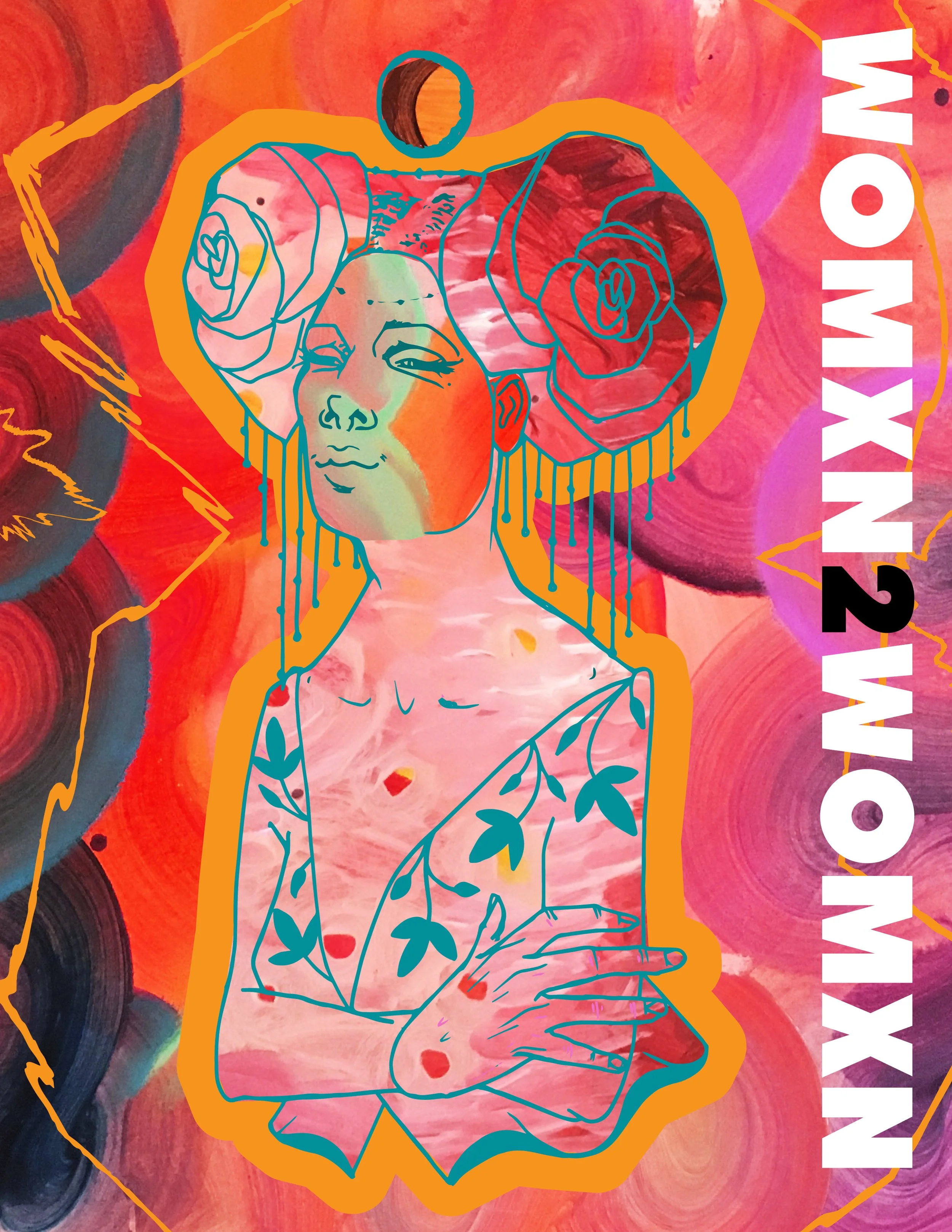 Flyer advertising a 2019 community arts event for  Womxn 2 Womxn. The line drawing was created by Sam Lazcano and painted background, layout, and type setting were done by LeeAnn DiCicco.