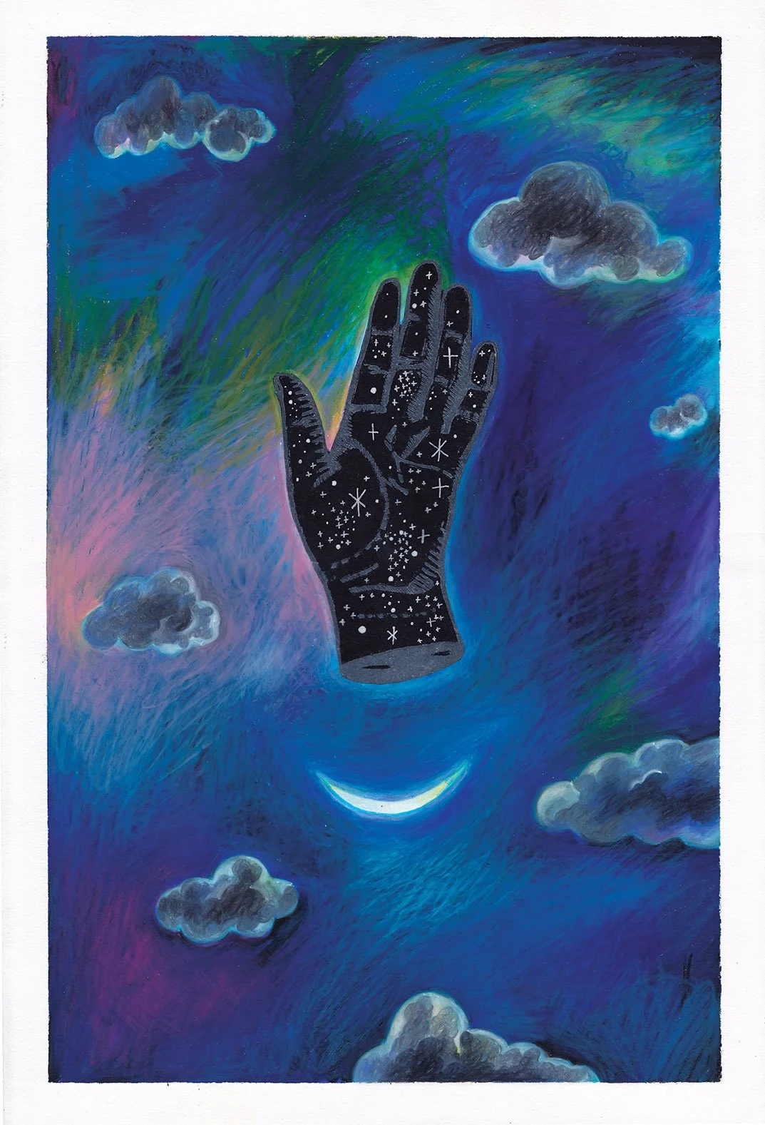 "Starry Hand"
woodcut, pen, wax pastel
22x15 in