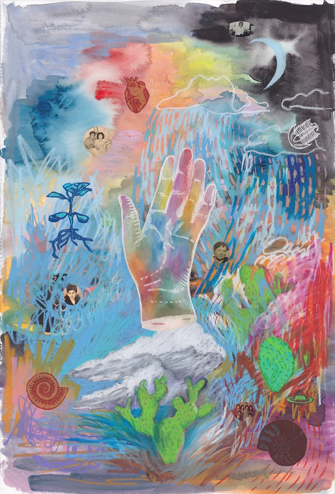 "Rainbow Hand with Family Photos"
woodcut, watercolor, wax pastel
22x15 in