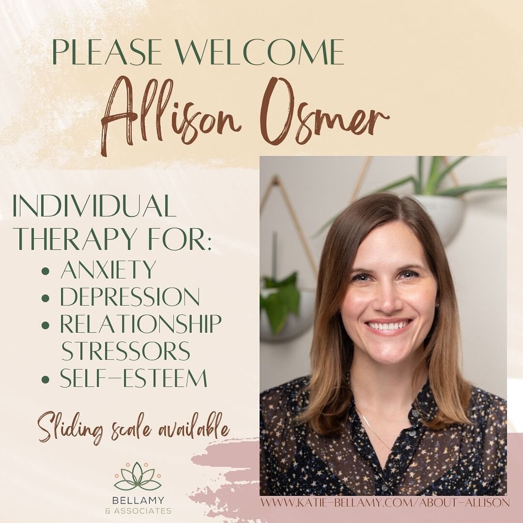 Grateful to be growing! Help us welcome our newest team member, Allison Osmer. She&rsquo;s a masters level clinician who will be providing therapy for anxiety, depression, self-esteem issues, and relationship issues, among other things. 

She sees fo