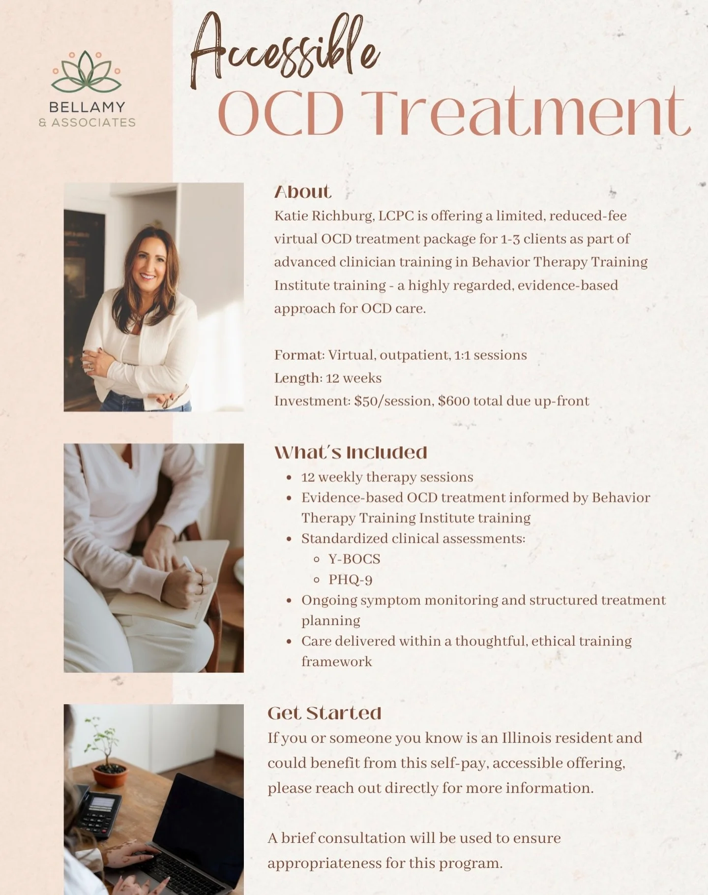 Katie Richburg, LCPC has joined the team for a time-limited offering for accessible OCD treatment.

Utilizing evidenced-based treatment approaches, Katie is taking on 1-3 clients who are ready to engage in committed, accessible OCD care. 

This 12-se