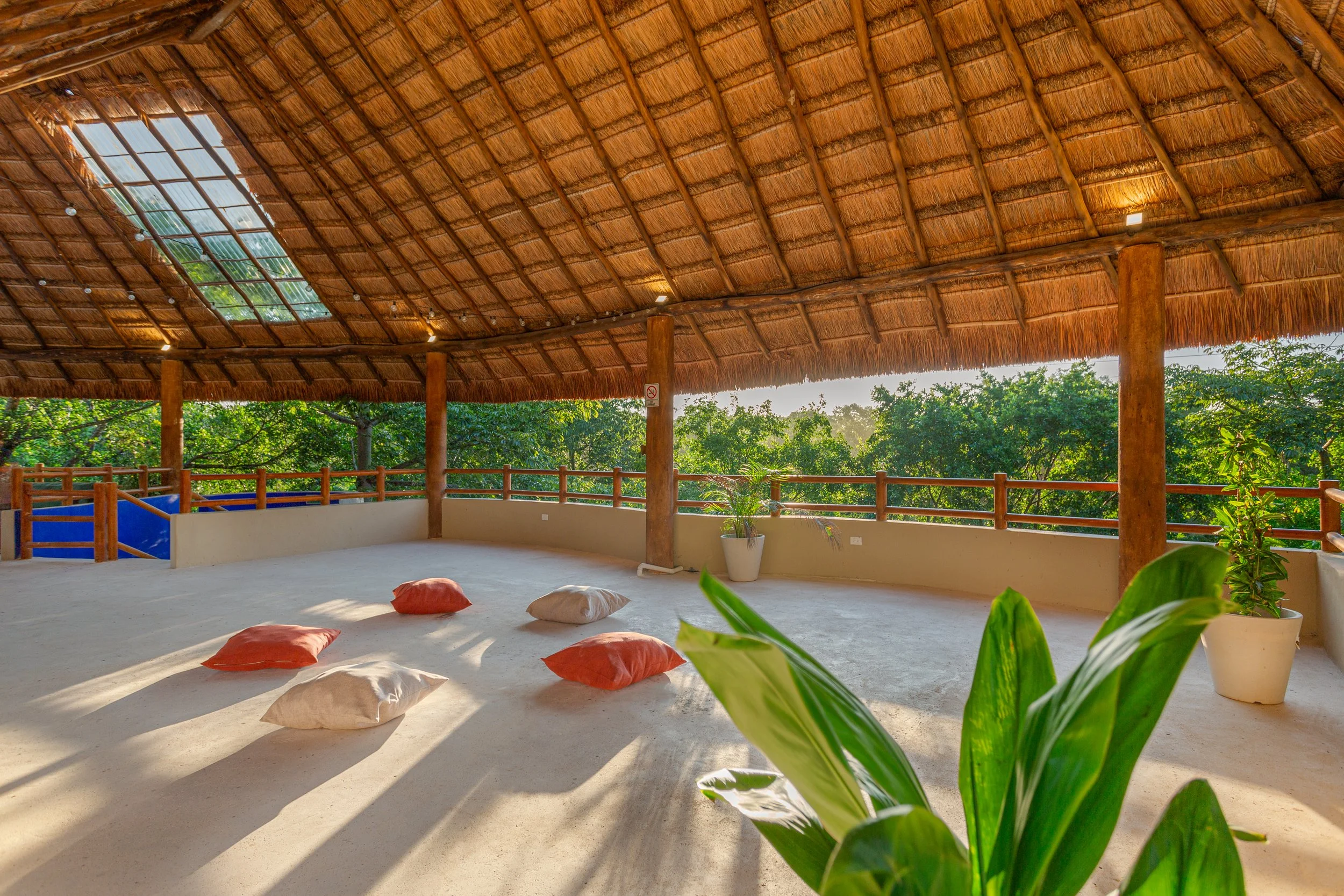 Image of a yoga palapa with yoga cushions and plants