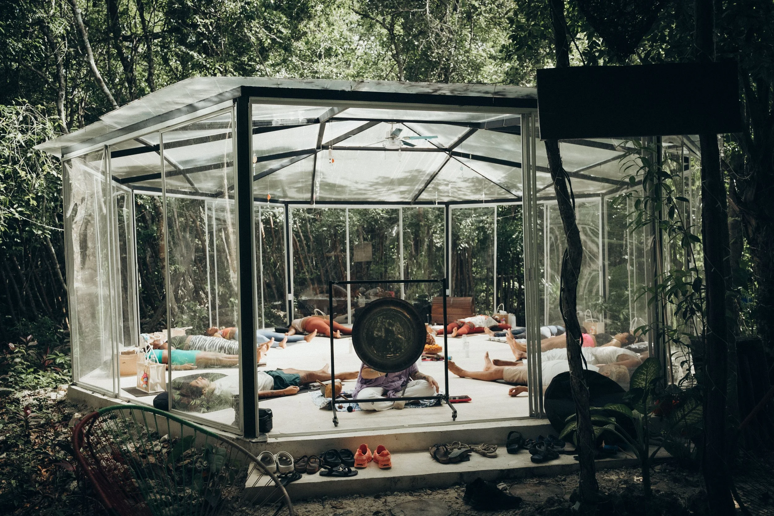 Image of an outdoor meditation space in Mexico set for a sound healing experience at a wellness retreat