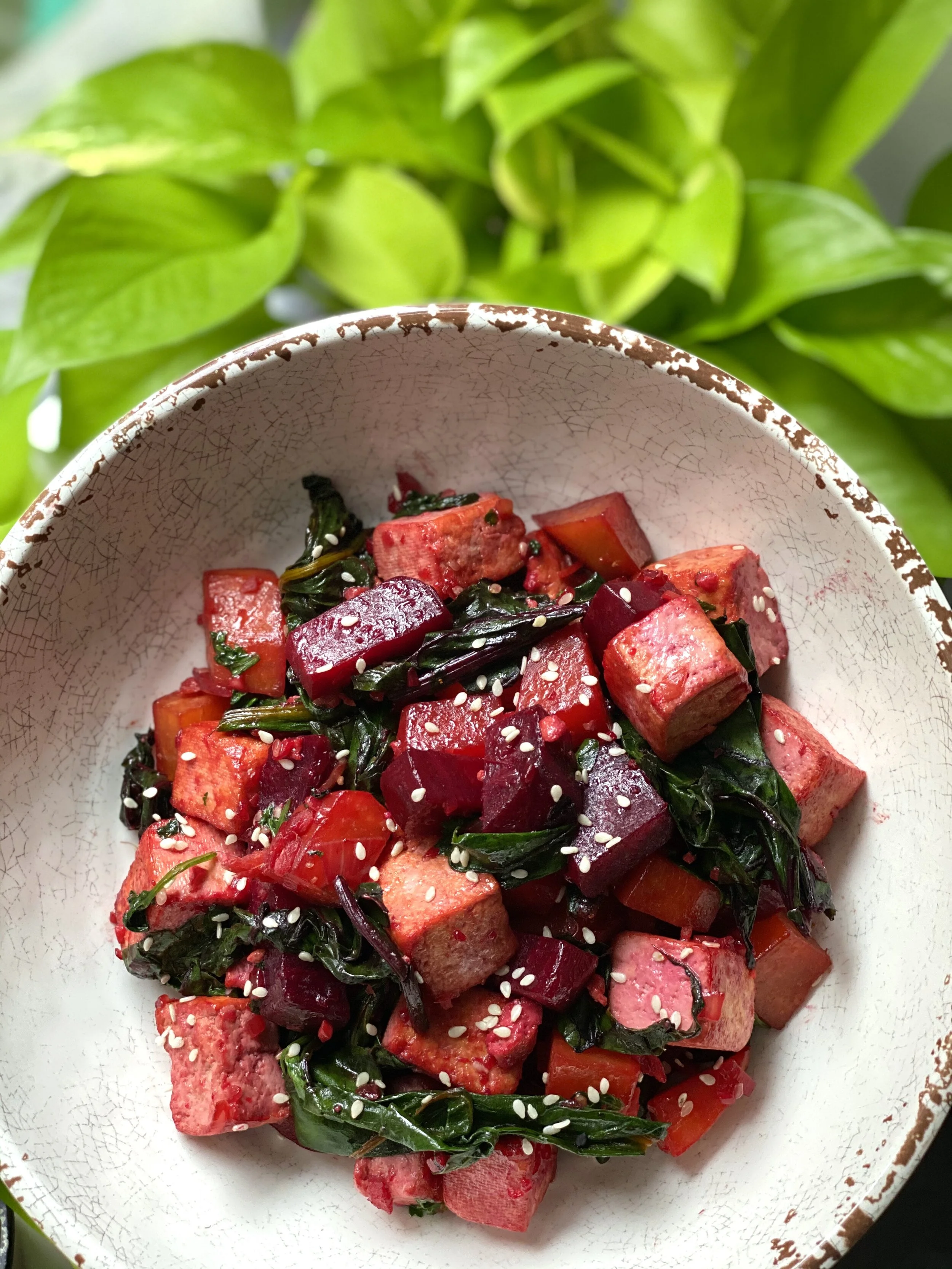 Stir- Fried Beets, Beet Greens and Tofu