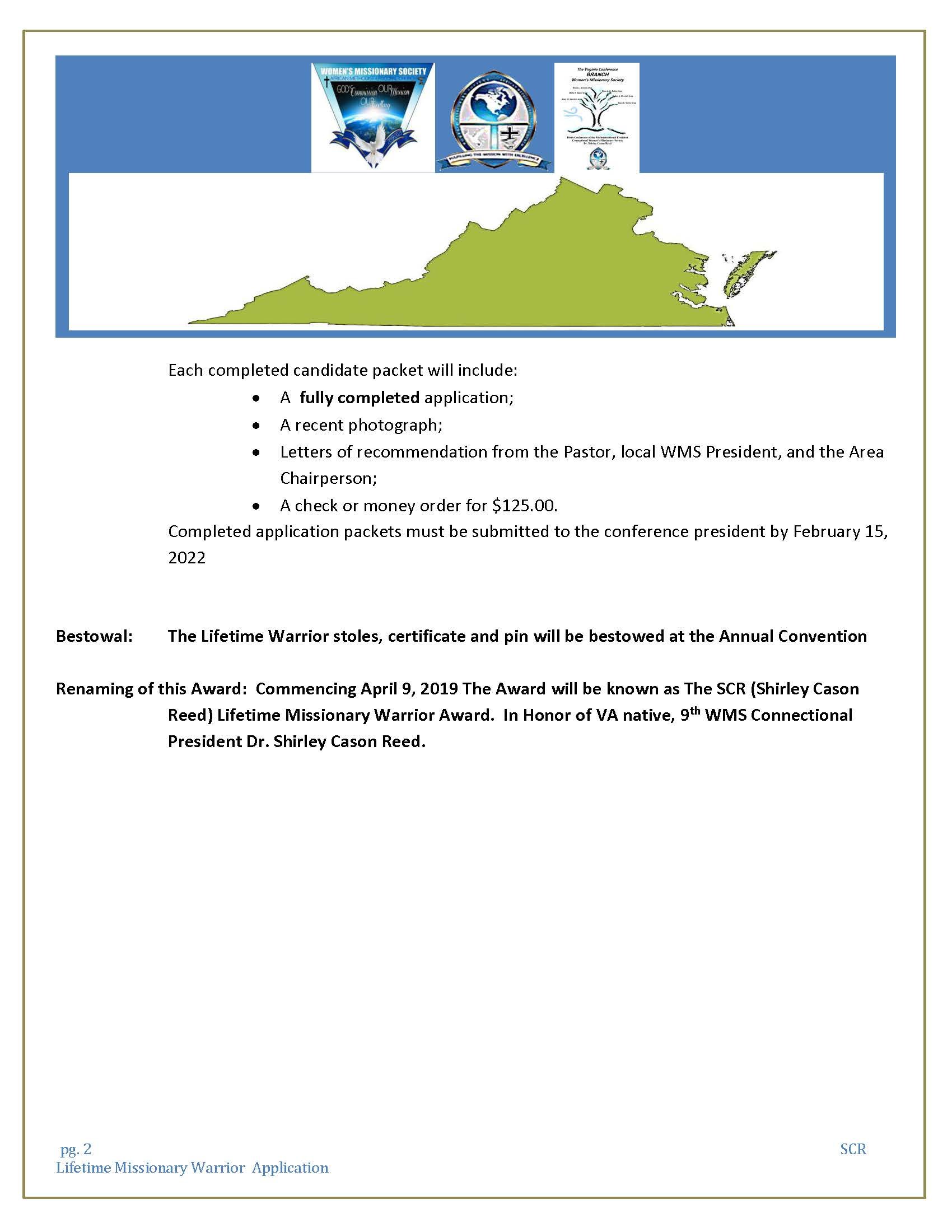 Lifetime Warrior Application — Women's Missionary Society