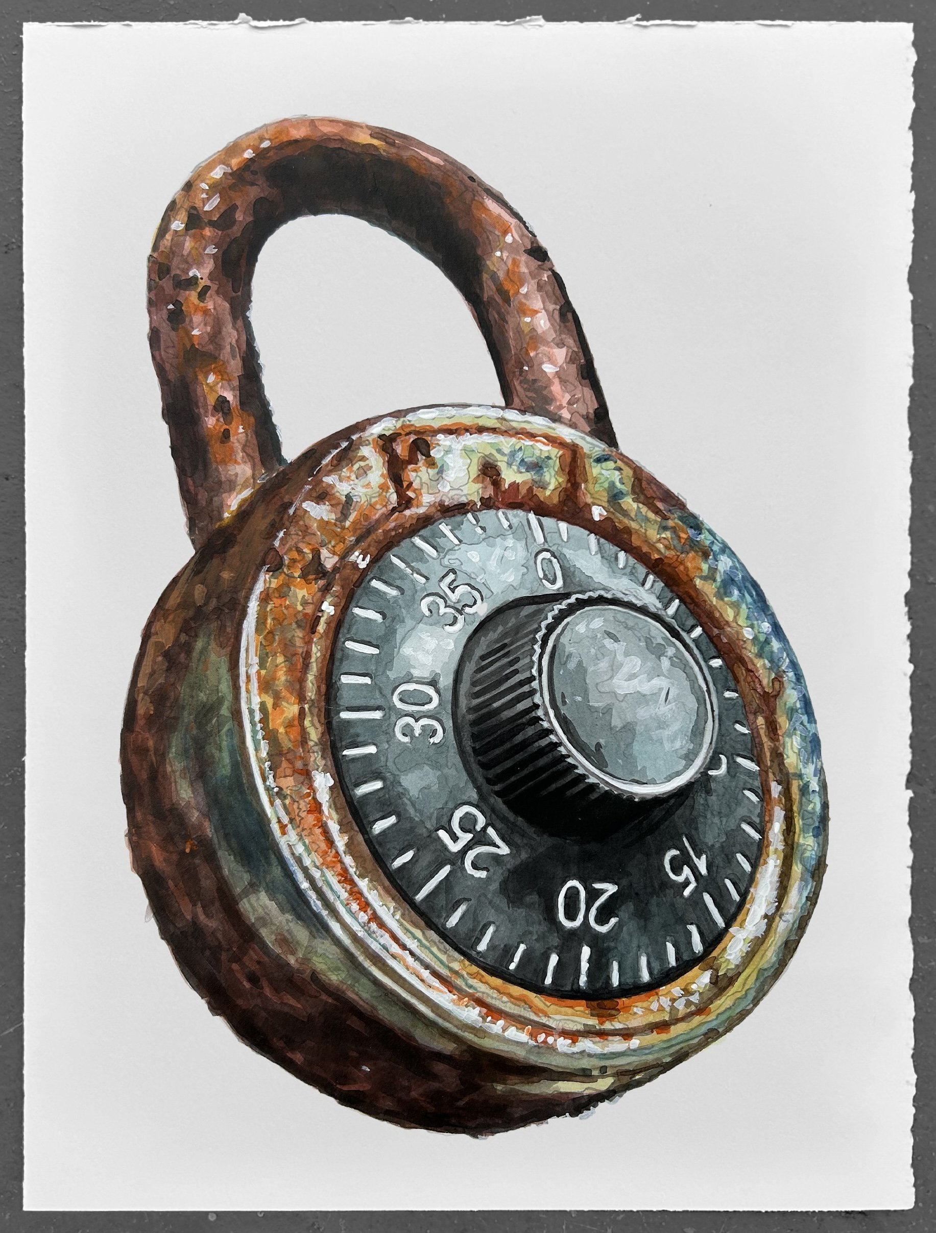 "Combo Lock" Study 2025, Acrylic on Paper
15 x 11"