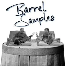 Two people sitting on a large wooden barrel with the words "Barrel Samples" written above them.