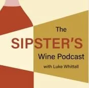 Logo for 'The Sipsister's Wine Podcast with Luke Whittall' featuring stylized text and geometric shapes in earth tones.