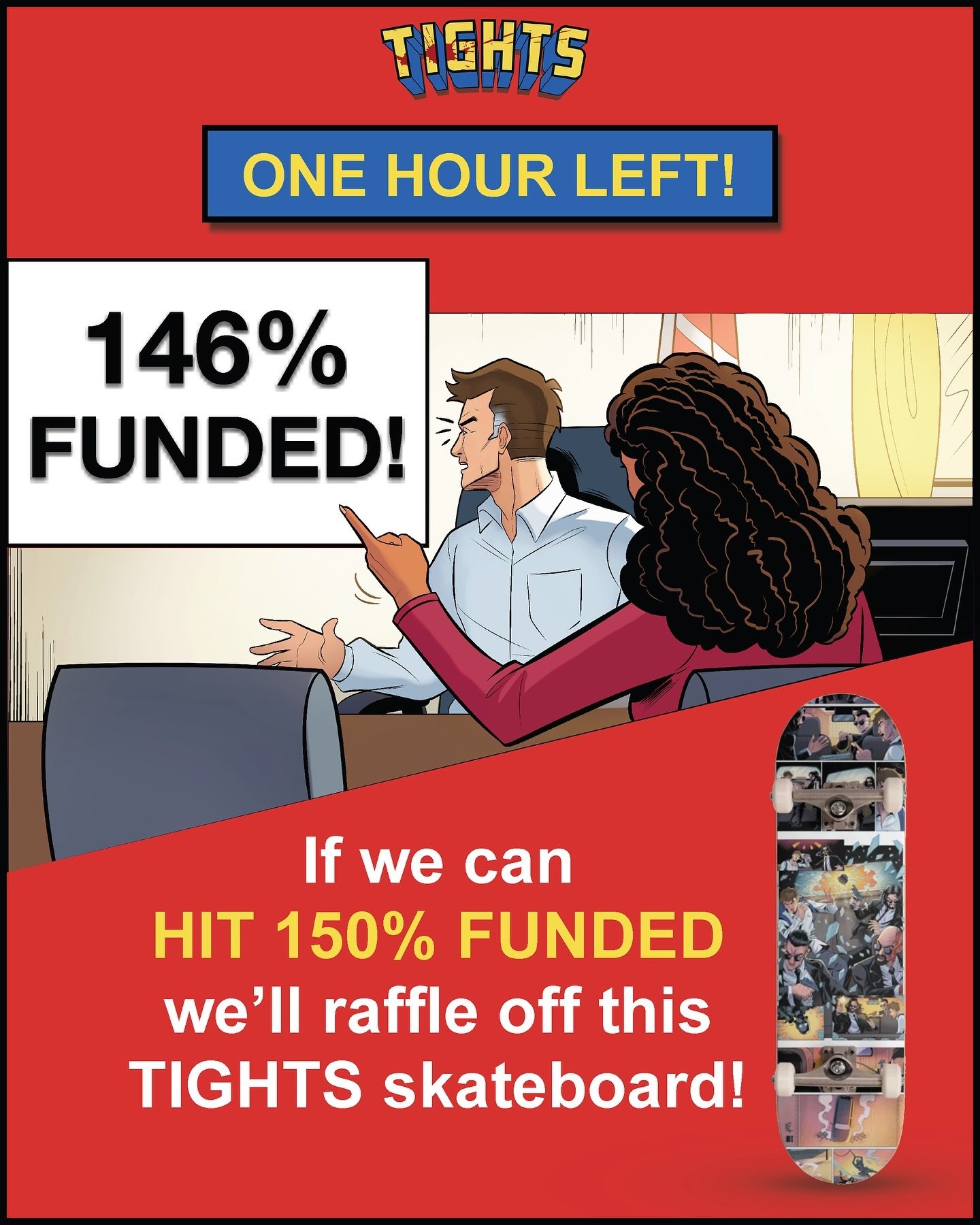 ONE HOUR TO GO! We are so very close to giving away a sweet, sweet TIGHTS setup to one of you backers. SO LET&rsquo;S GET IT! 
.
.
.
.
#tightscomicbook #lesserknowncomics #indiecomics #indiecomic #indiecomicsart #indiecomicspotlight #indiecomicslove 