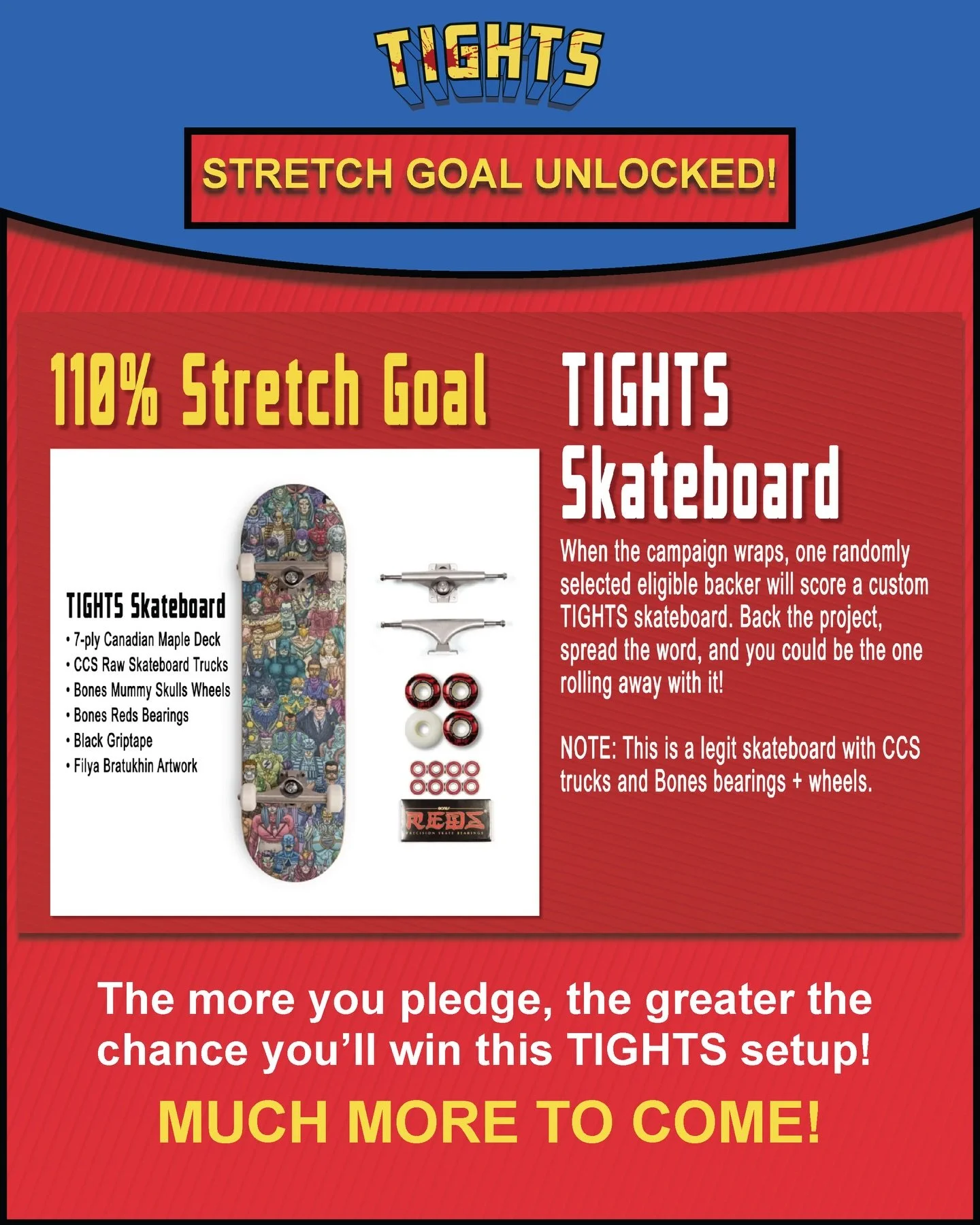 STRETCH GOAL UNLOCKED! We surpassed 110% funded and now one of you lucky backers will skate home with a @filyakenoby TIGHTS skateboard.
Let&rsquo;s keep it rolling and unlock the next mystery Stretch Goal! 
.
.
.
.
.
#indiecomics #comicbookart #comic