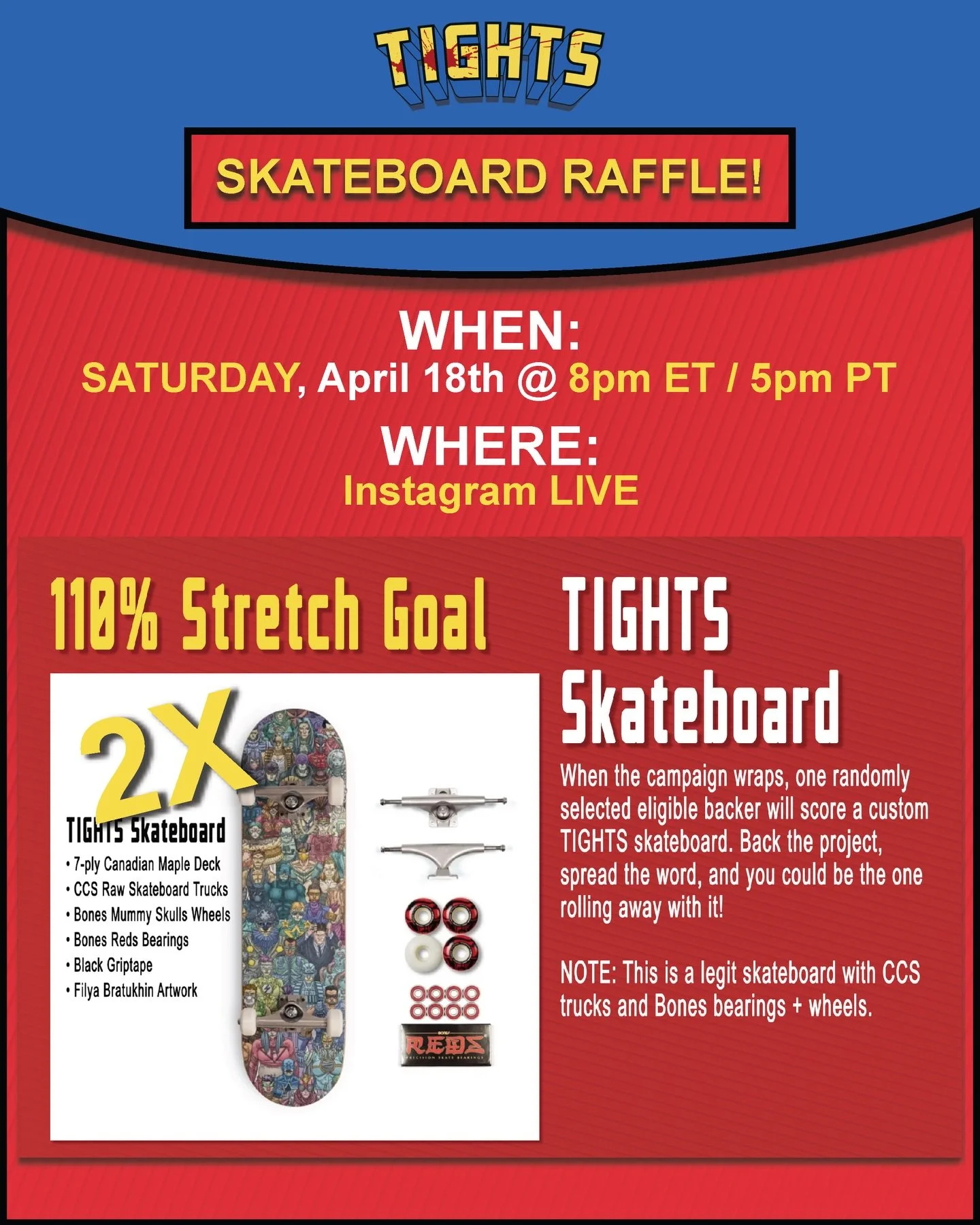 It&rsquo;s finally happening! Two lucky TIGHTS backers will win this @filyakenoby drawn and @henrylopezcolors @alpeterson7689 colored skateboard setup this Saturday at 8pm ET / 5pm PT on IG Live.
But EVERYONE is invited to join in on the fun and comi