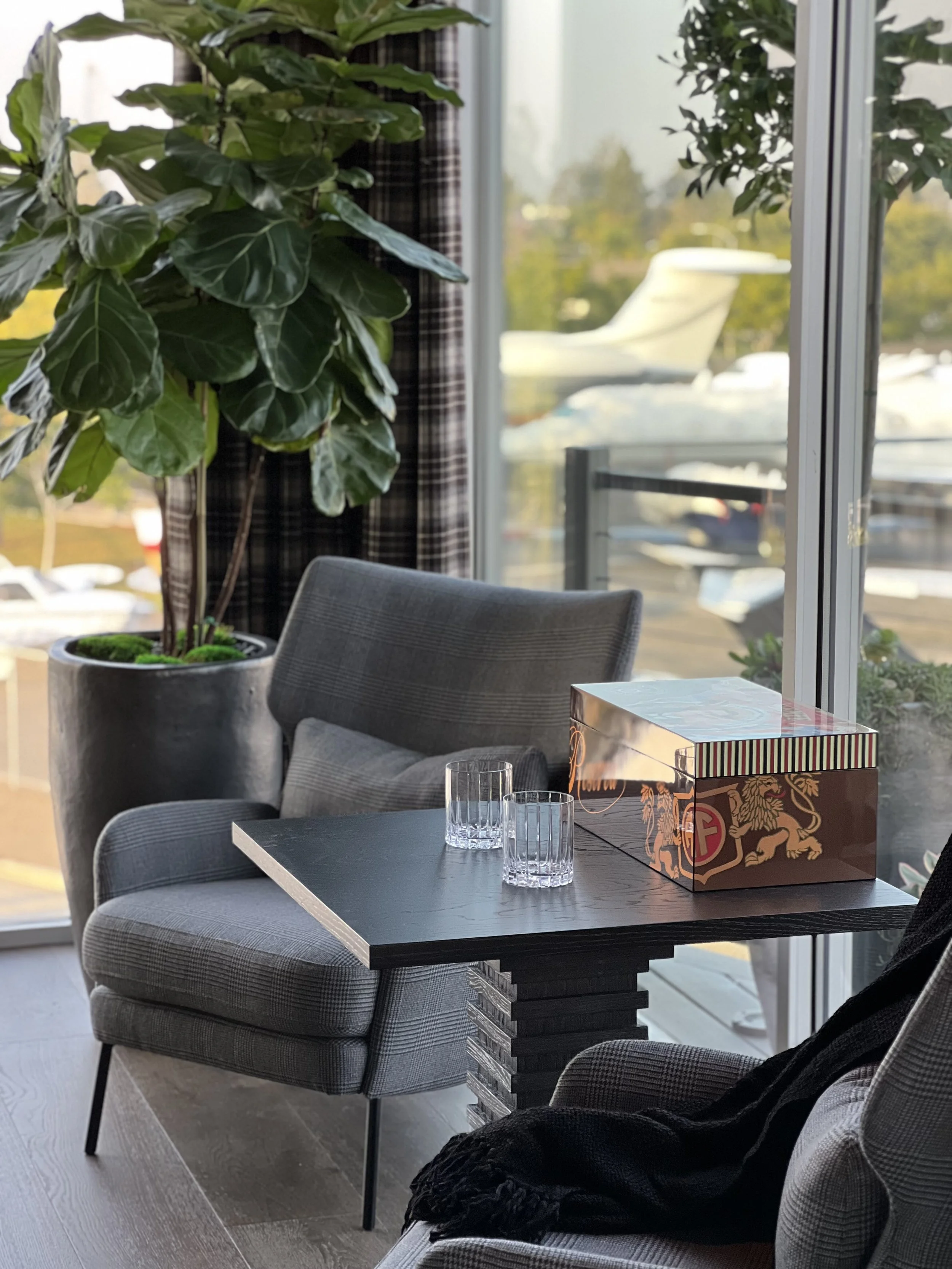 Private office lounge with plush chairs, large plant, cigar box, and jet view through glass walls