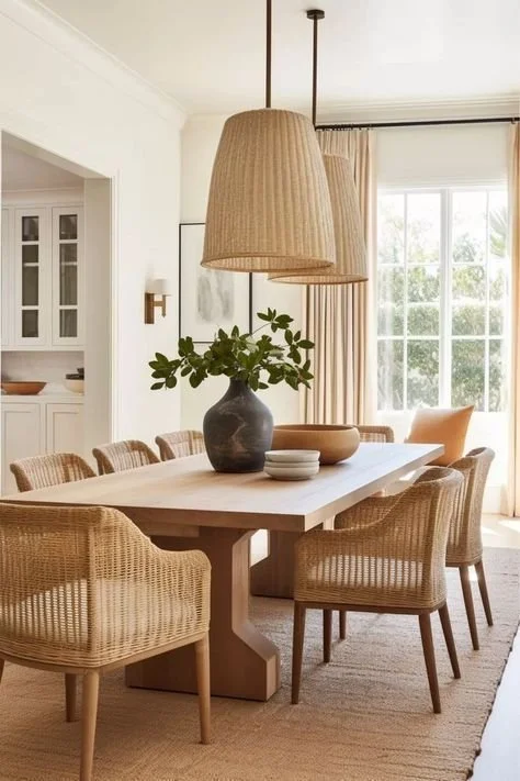 Warm and inviting dining room with a light wood table, woven rattan chairs, oversized natural pendant lights, neutral curtains, and a ceramic vase with greenery as the centerpiece..jpg