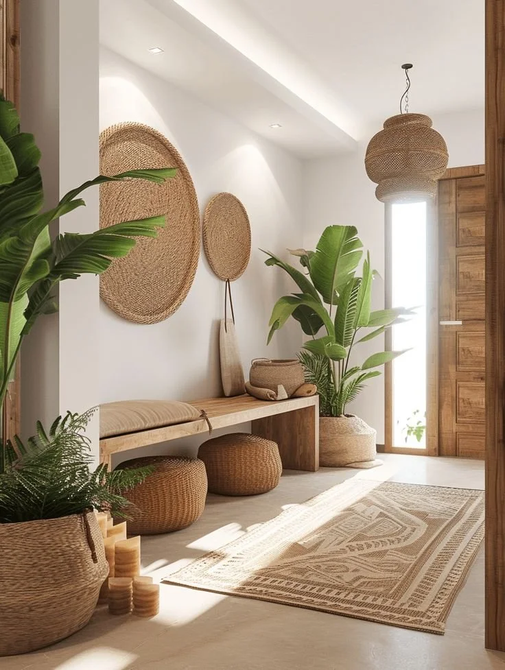 “Boho entryway with woven baskets, tropical plants, wood bench seating, rattan pendant light, and neutral jute rug in natural light.”.jpg