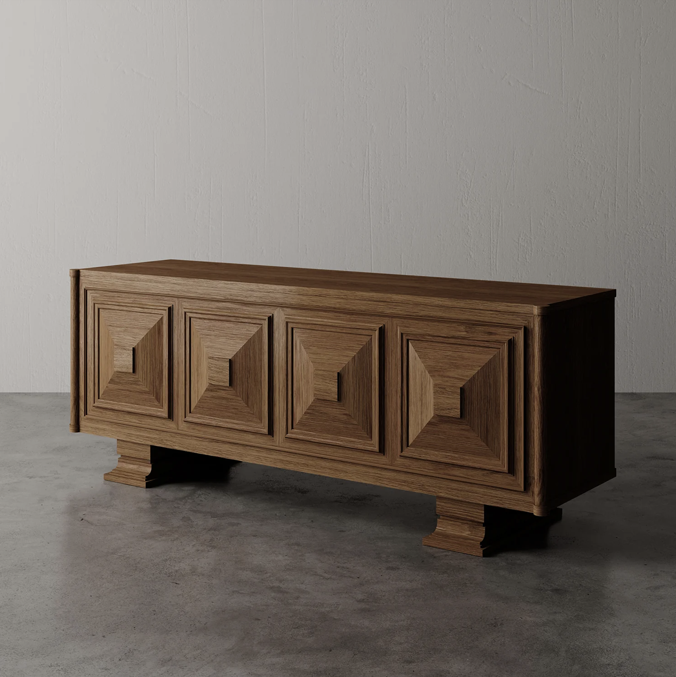 Solid oak wood sideboard with geometric panel design and traditional carved legs