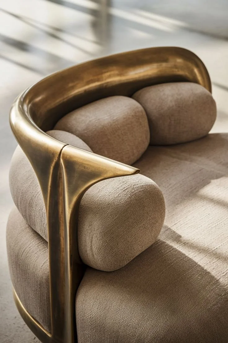 High-end modern armchair with curved brushed brass frame and textured beige upholstery