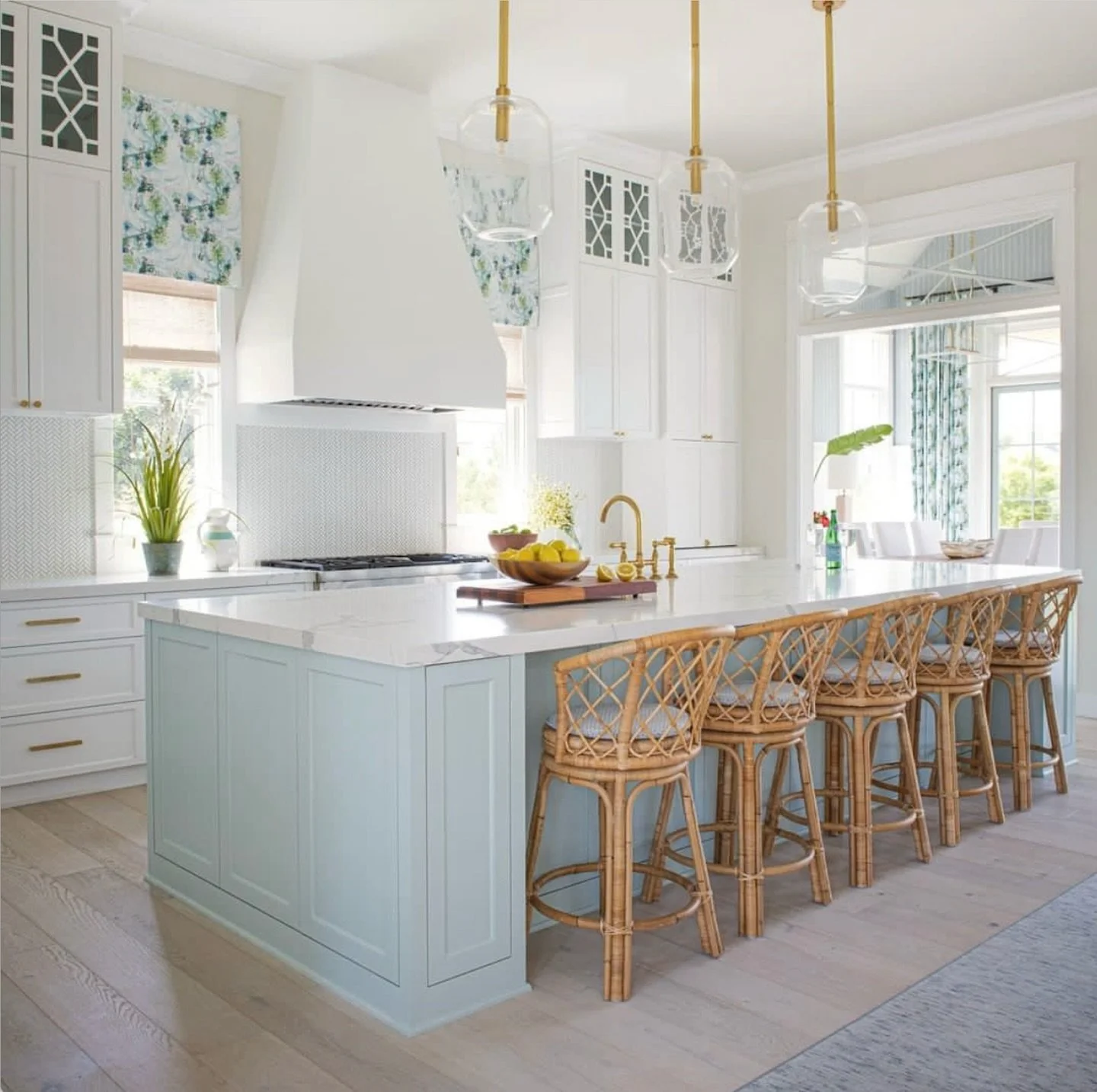There’s Just, something magical about a light filled kitchen like this one!
Soft, blues, natural textures, and gold touches that puts a smile on your face every time you enter. It’s where sunshine meets simplicity and every detail feels