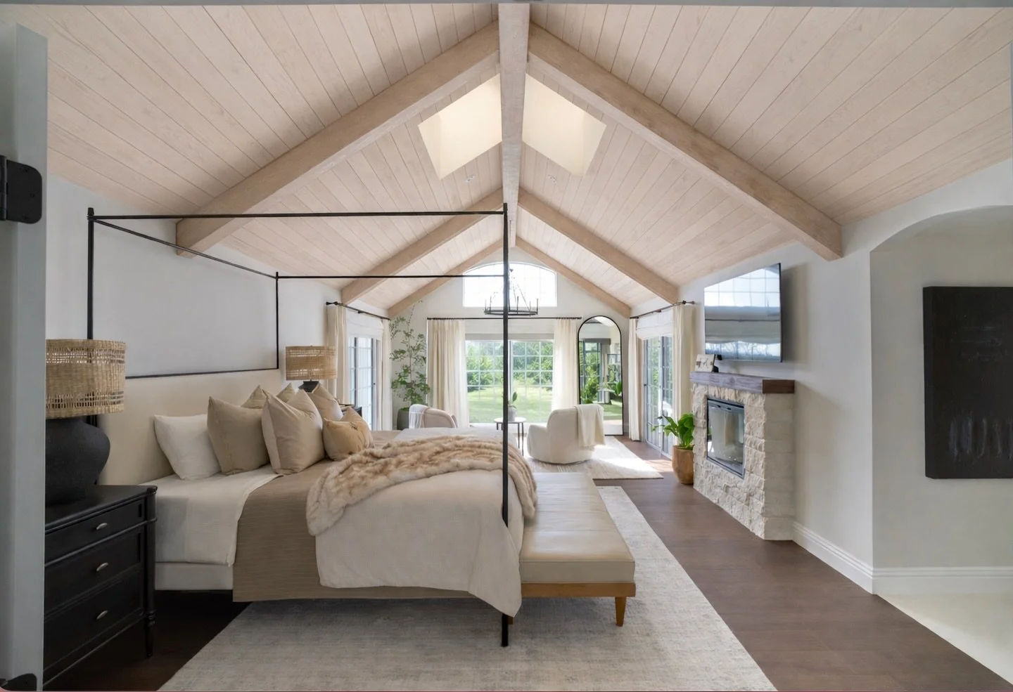 This space was completely transformed into a serene and functional retreat 🤍 From the all-new layout to the stunning natural stone fireplace, every detail was designed with intention. I especially love how expansive this master suite feels, giving m