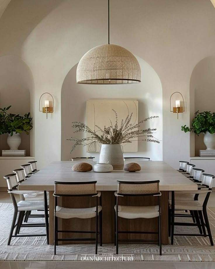 Modern Mediterranean-style dining room with arched niches, large drum pendant light, and neutral decor