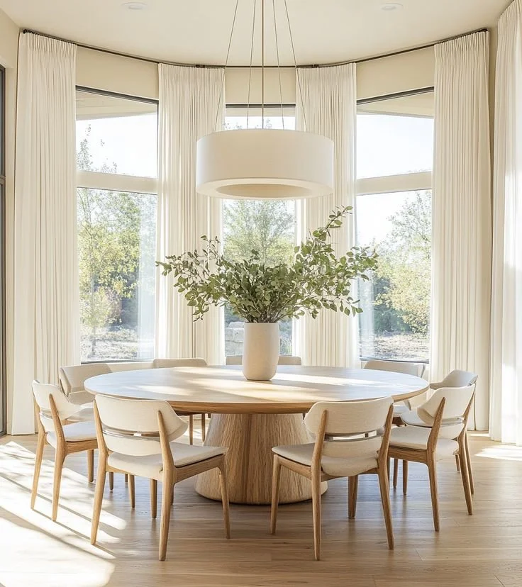 Bright modern dining room with panoramic windows, round wood table, and minimalist light fixture