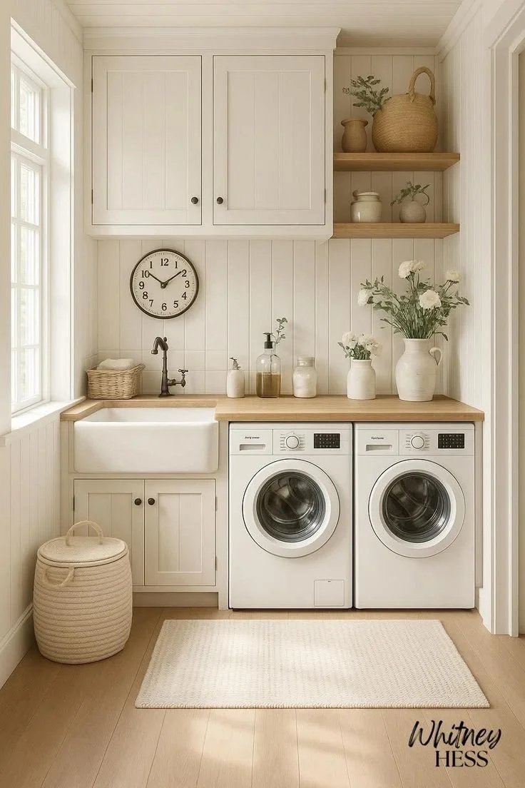 Charming farmhouse laundry room with white beadboard walls, front-load washer and dryer, and wooden countertop