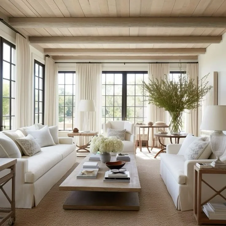 Elegant traditional living room with white sofas, neutral decor, wooden beams, and large windows