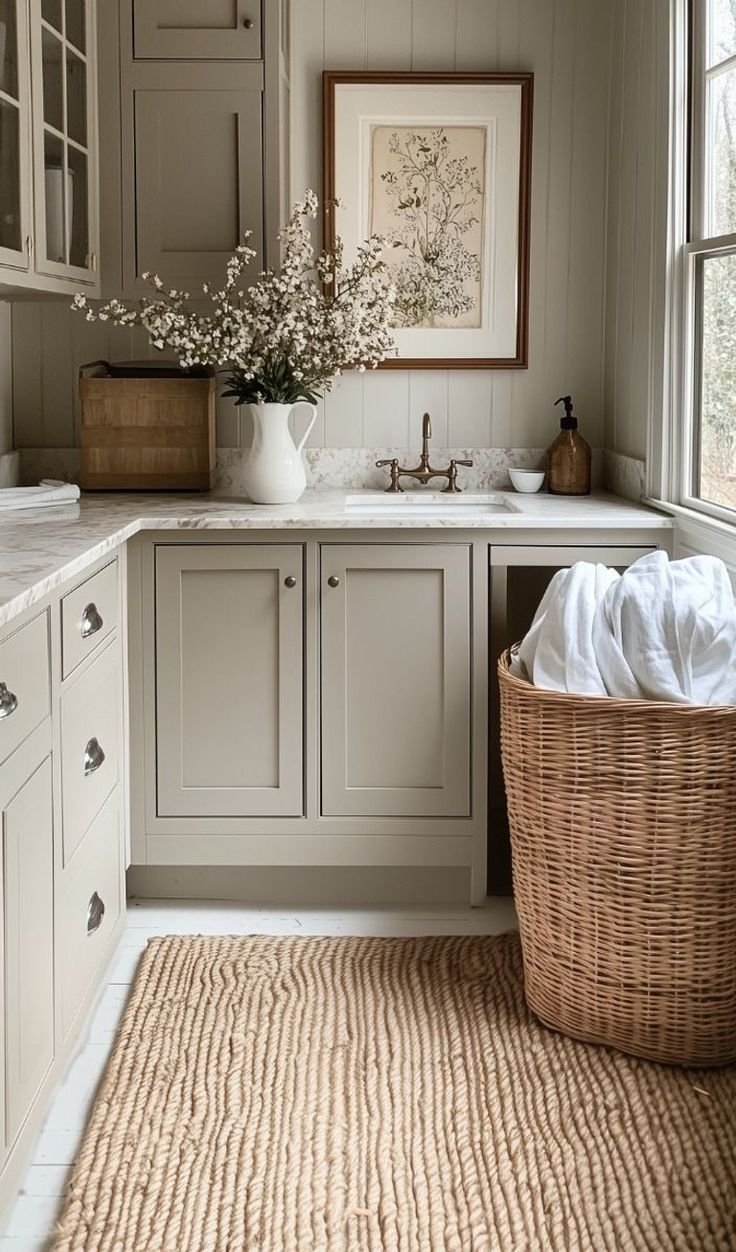 Rustic laundry room with shaker cabinets, woven laundry basket, and floral decor