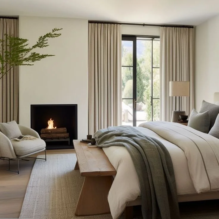 Warm neutral bedroom with built-in cabinetry, cozy bedding, and earthy-toned decor