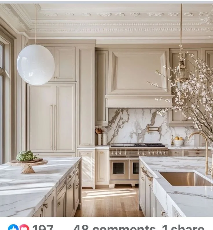Elegant kitchen with ornate ceiling trim, waterfall marble countertops, and integrated appliances