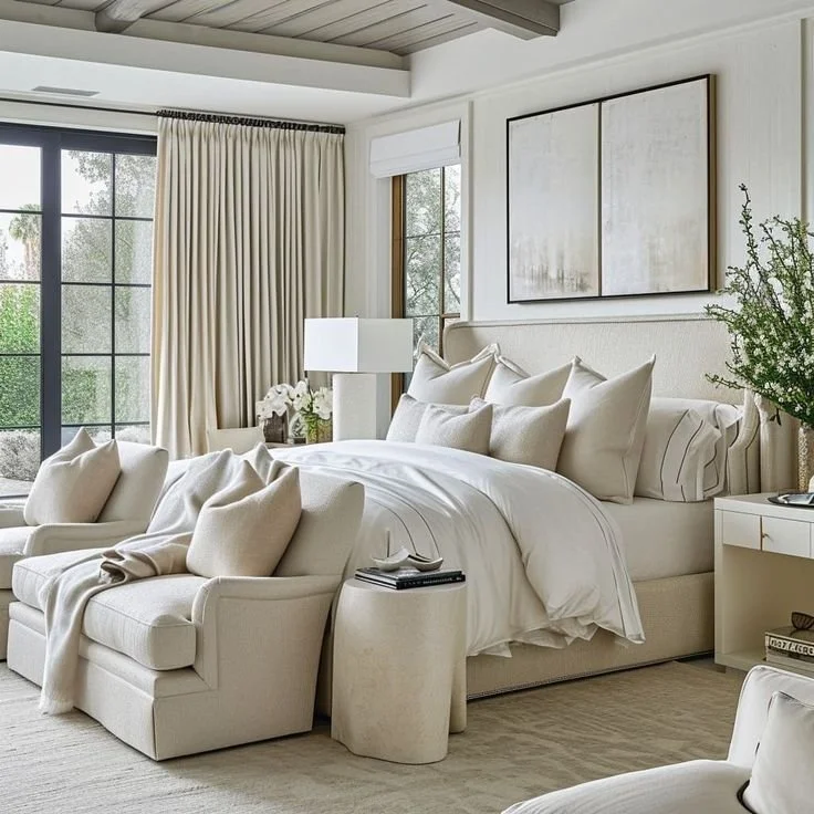 Elegant master bedroom with plush upholstered bed, soft beige palette, and modern abstract art