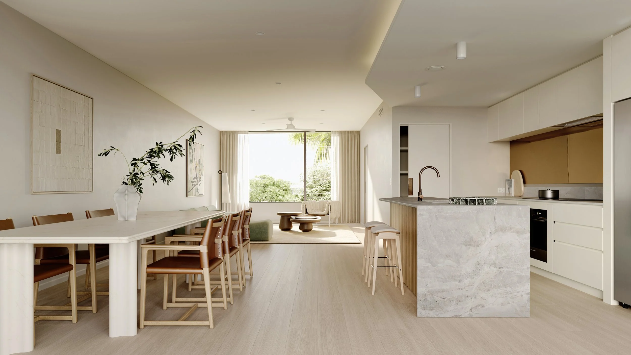 Open-concept living and dining area with kitchen island, bar stools, a dining table with chairs, a seating area with armchair and coffee table, large window with curtains, and neutral-toned decor.