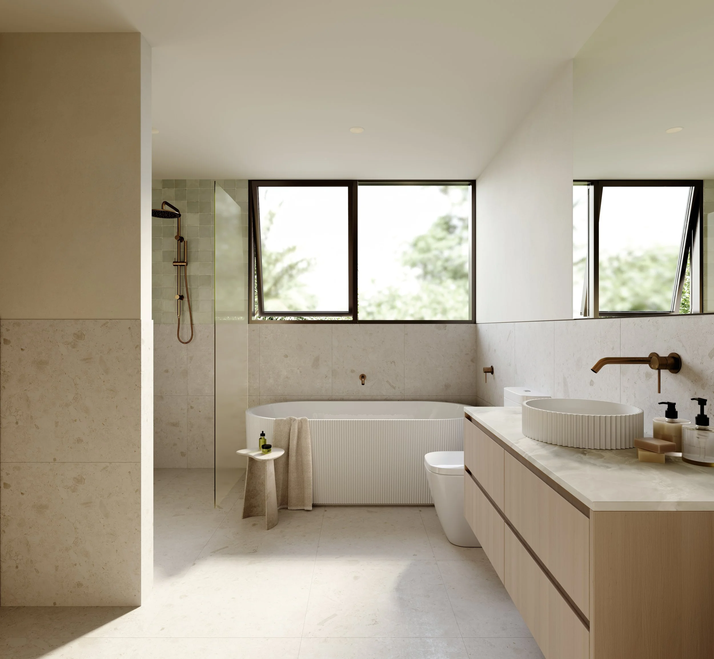 Modern bathroom with large windows, a bathtub, a vanity with a vessel sink, and a walk-in shower