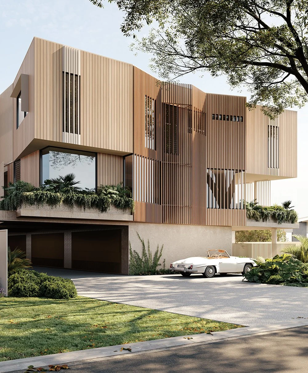 Modern multi-story house with wooden exterior panels, large windows, and landscaped front yard with plants and a vintage white convertible car parked outside.