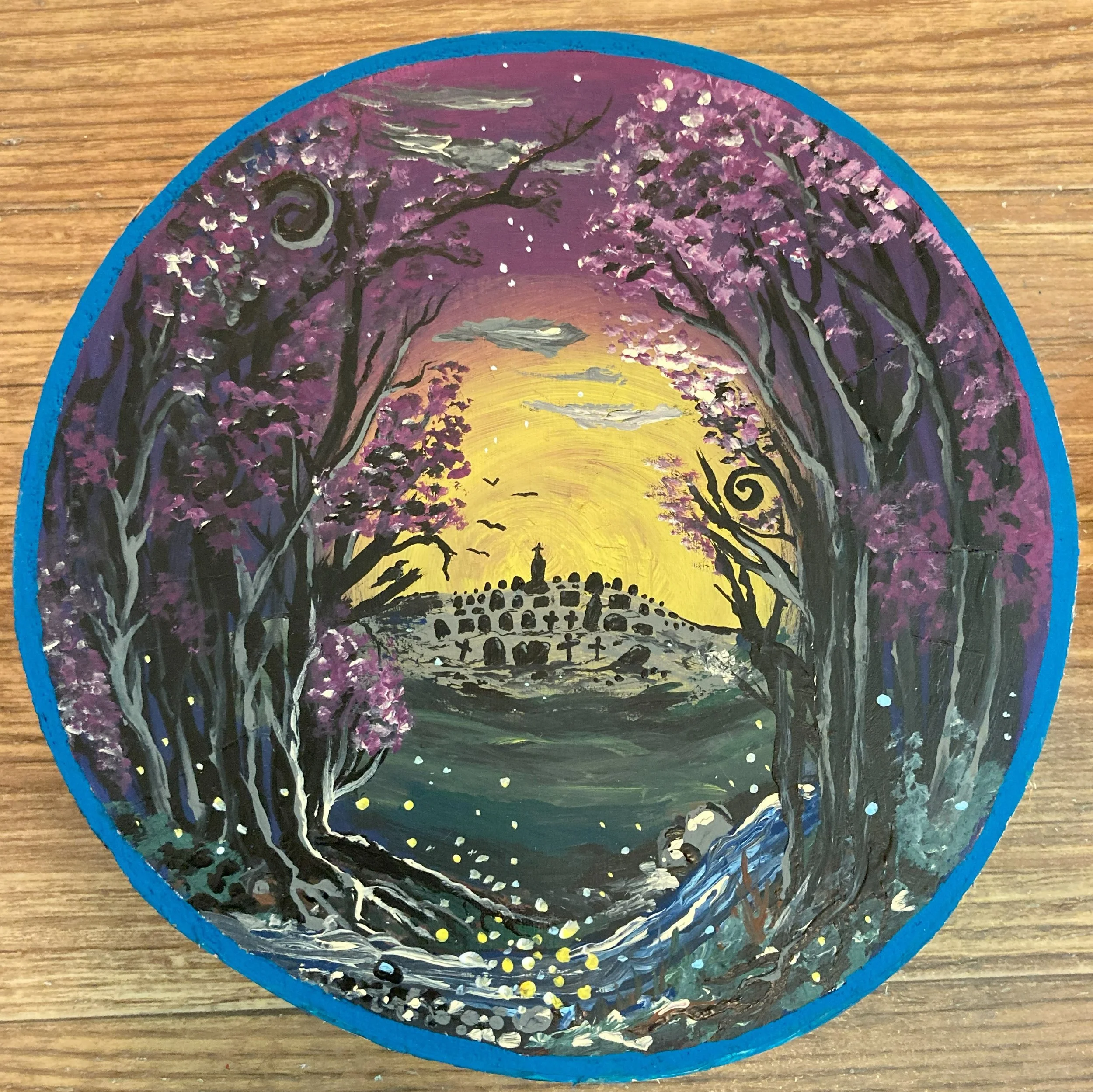 ERIN'S HAPPY PLACE (commission for Erin H.) - Acrylic on birch wood round, 8x8" -2020