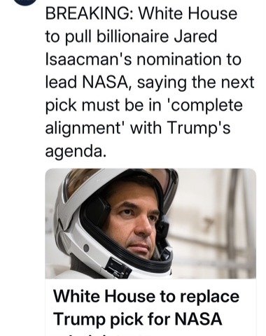 Unless these decisions are reversed, this will be remembered as a disastrous week for @nasa First, I am not optimistic that whomever this administration nominates next for NASA Administrator will be nearly as qualified or enthusiastic about the agenc