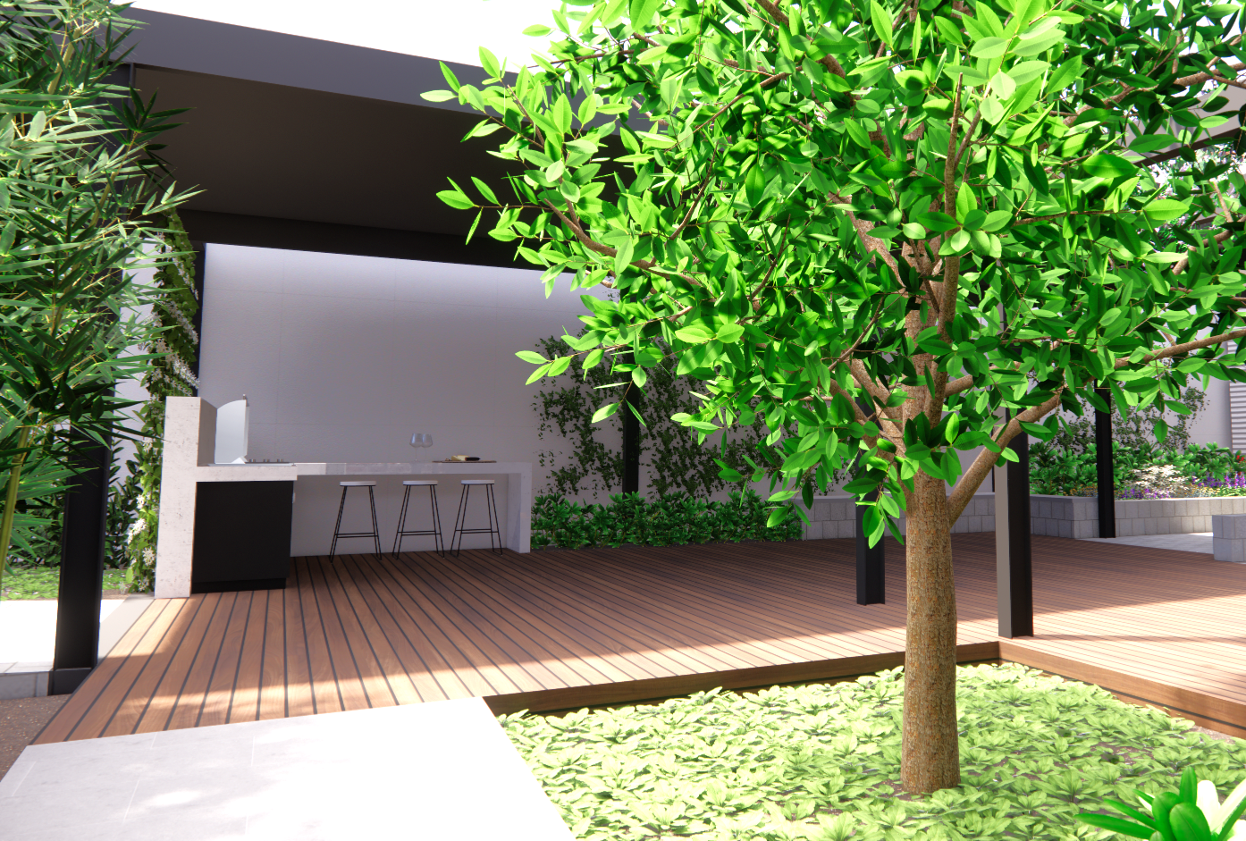 Patio design with outdoor kitchen surrounded by gardens