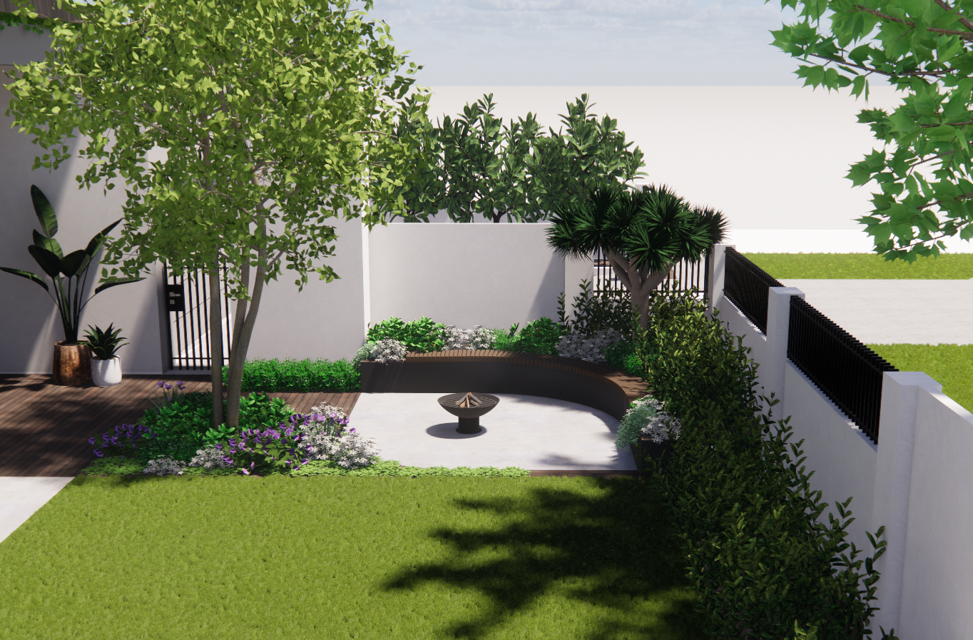 Front garden design with curved benchseat and firepit