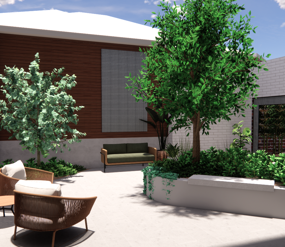 Commercial landscape design for disabilities centre with curved bench seat and retaining wall