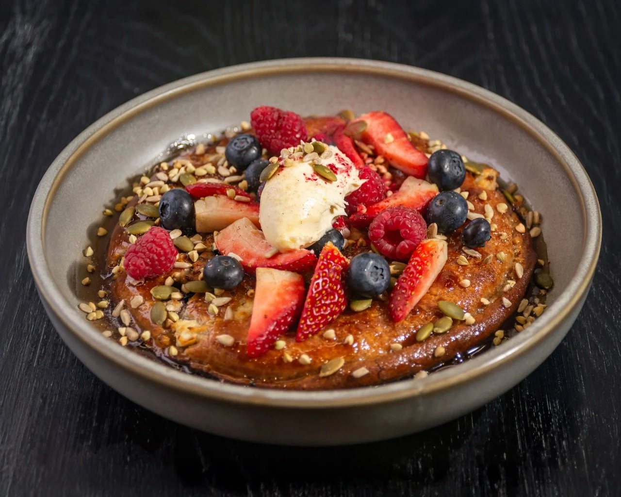 MrLawrence Baked Ricotta & Berry Hotcake (V) Double Cream Pepitas Sunflower Seeds Maple Violet Sugar.jpeg