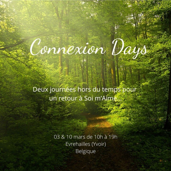 Plus que quelques jours pour s&eacute;curiser votre place aux Connexion Days...😍😍
Un &eacute;v&eacute;nement qui se tiendra les dimanches 3 et 10 mars pr&egrave;s d'Yvoir et qui s'annonce d&eacute;j&agrave; magique !!! 😃🥰...
Au programme : reconn