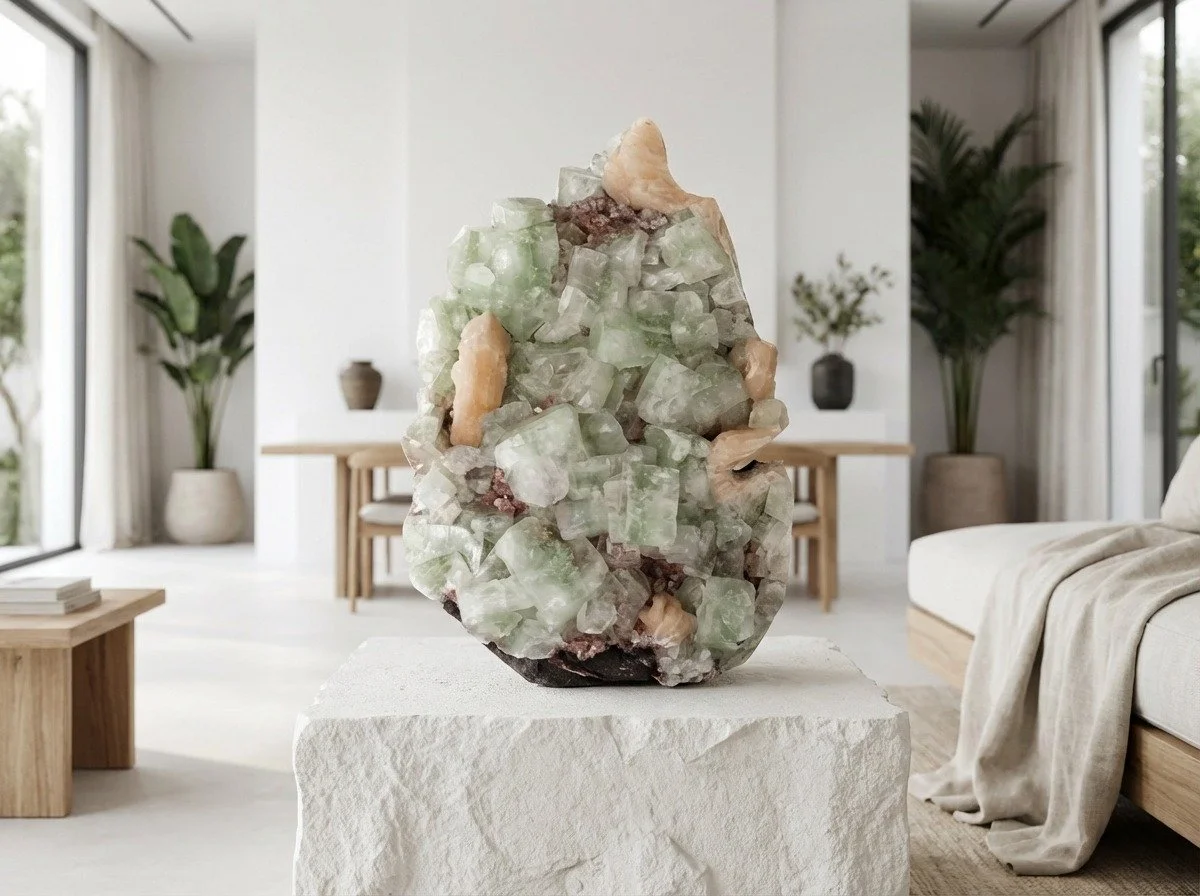 A masterpiece speaks for itself...

Unique mineral atmosphere : Green Apophyllite &amp; Stilbite

Link in comments