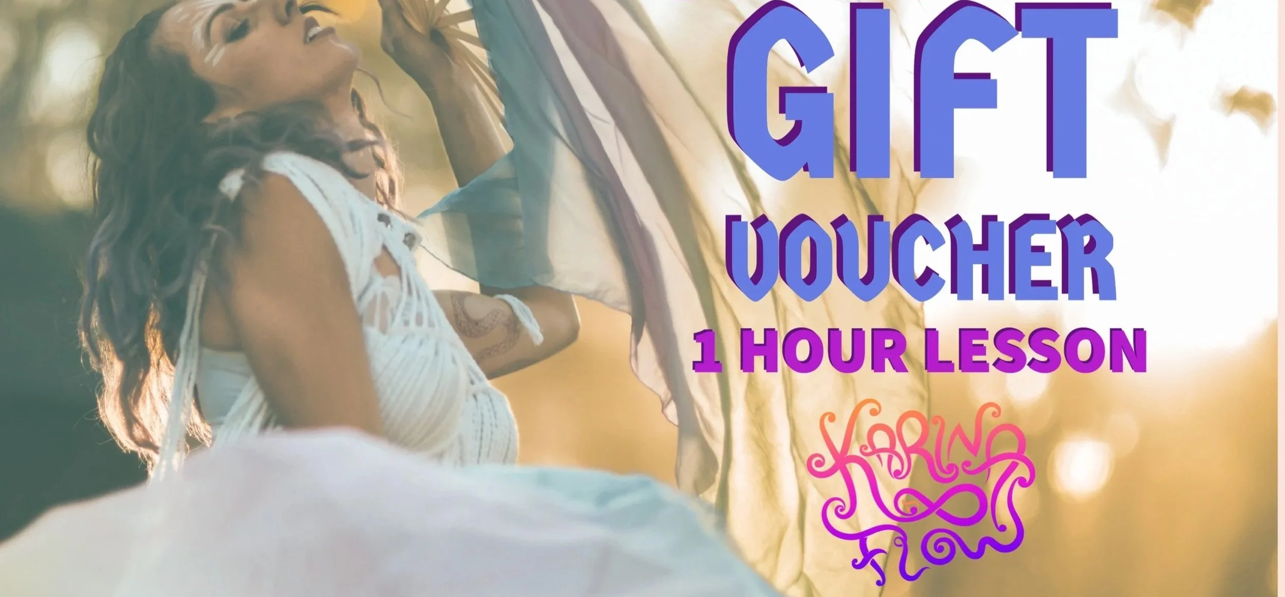 Woman holding a translucent fabric, surrounded by trees, promoting a $60 AUD gift voucher for a 1-hour lesson.