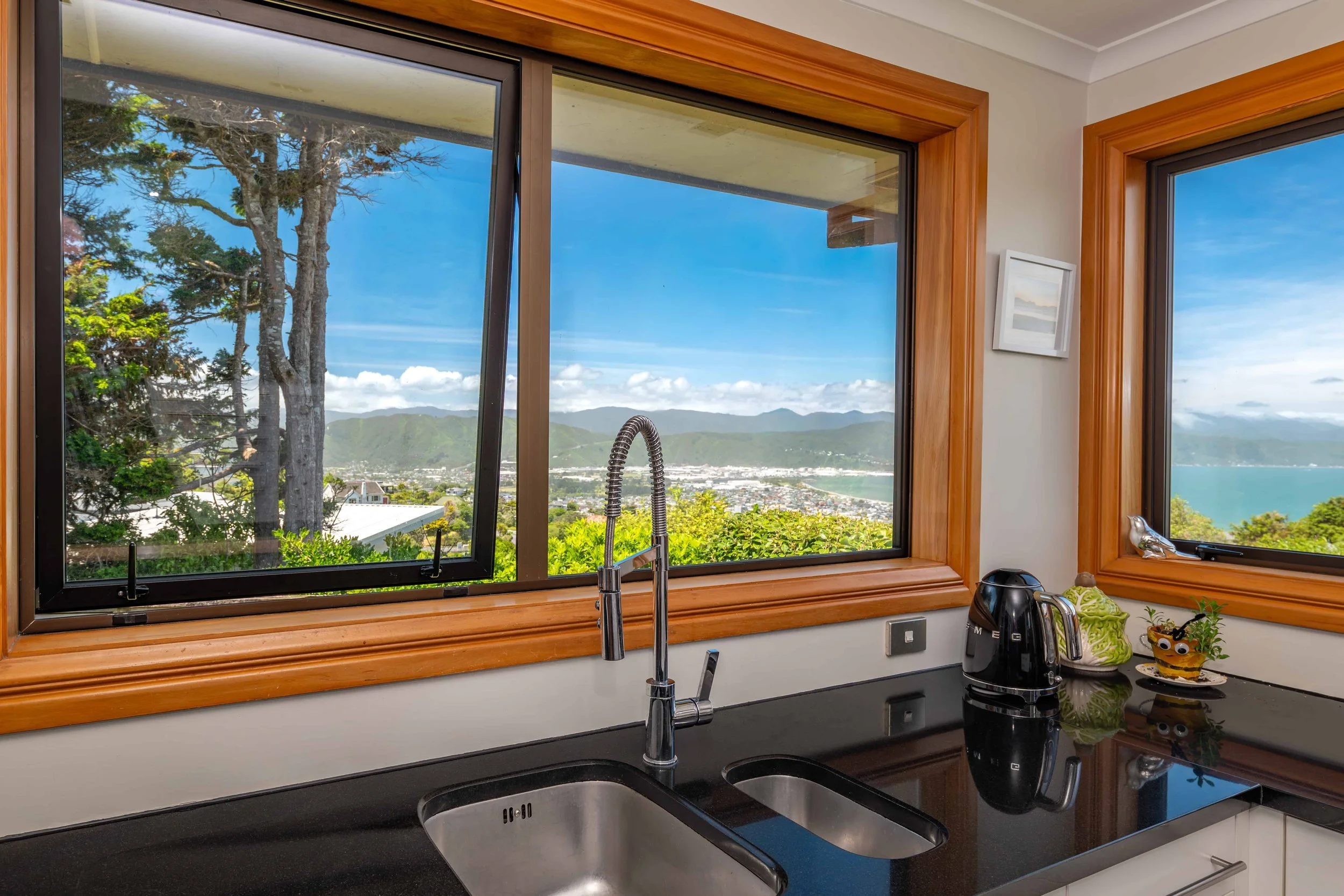 Bronze aluminium Kitchen windows looking over Lower Hutt that have been double glazed by Eversure. reFIT Ali service