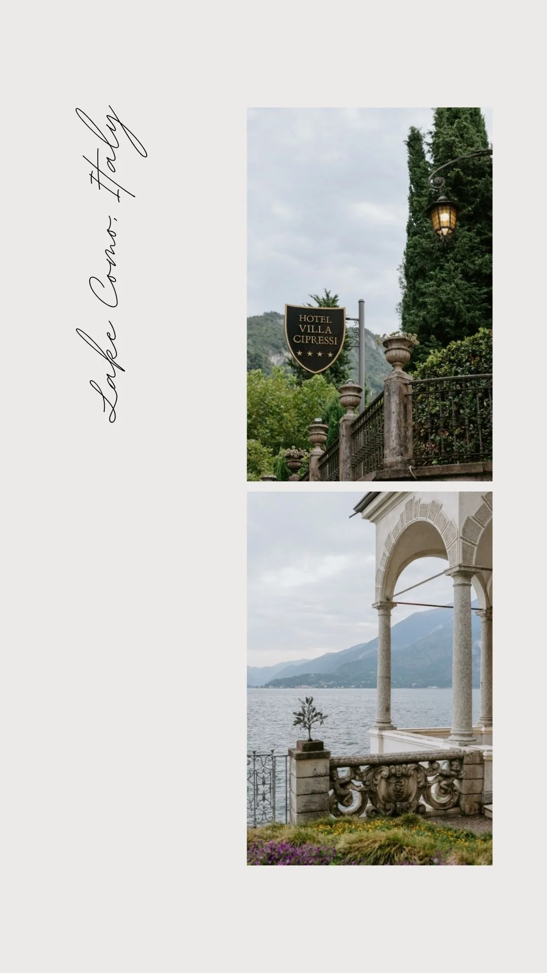 Two scenic photos: the first shows the entrance sign of Hotel Villa Cipressi with greenery and a mountain background, the second depicts an ornate balcony overlooking a lake with mountains in the distance.