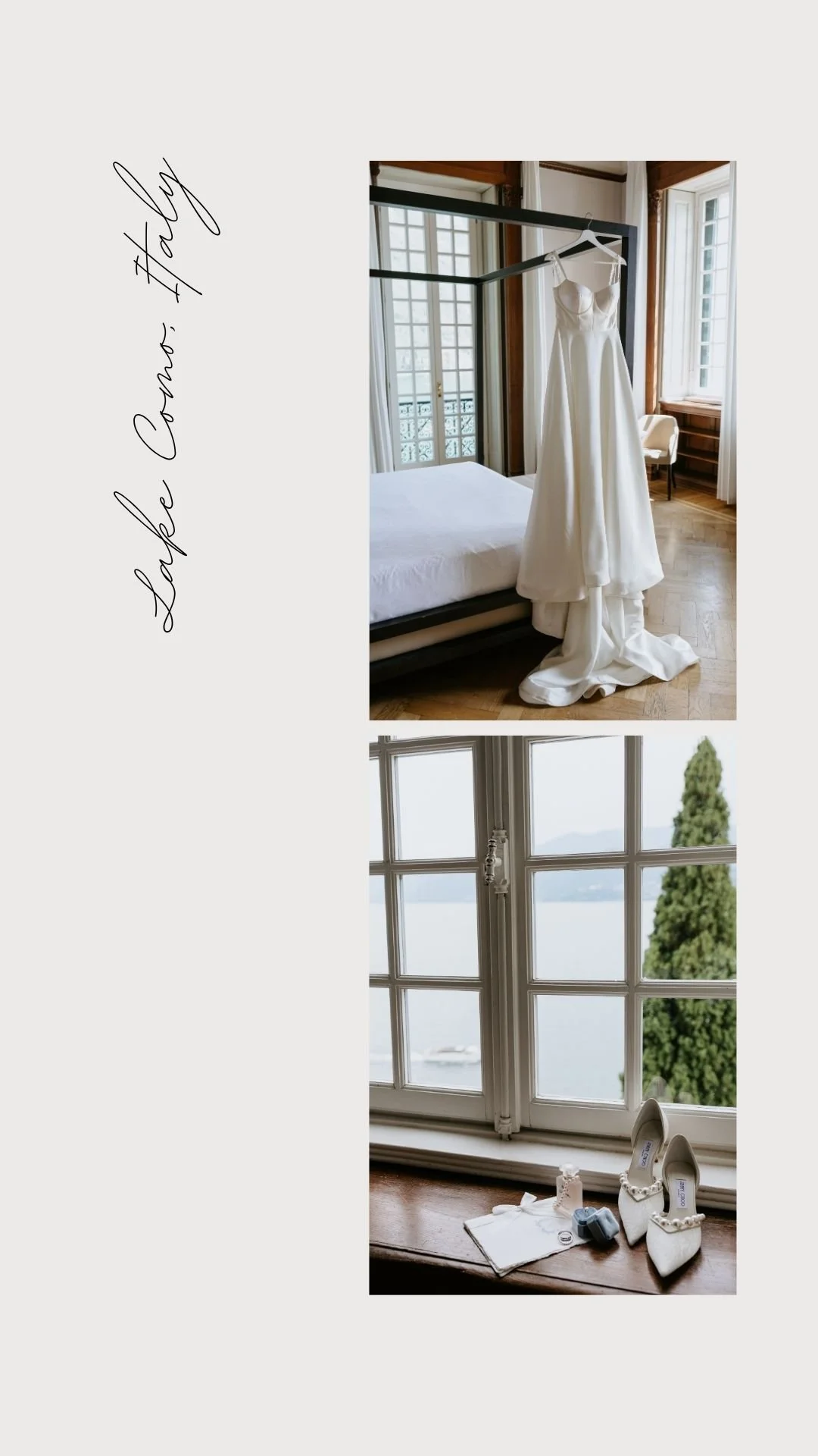 A wedding dress hanging on a black metal frame near a bed in a bright room with large windows, and view of shoes and wedding accessories on a windowsill.
