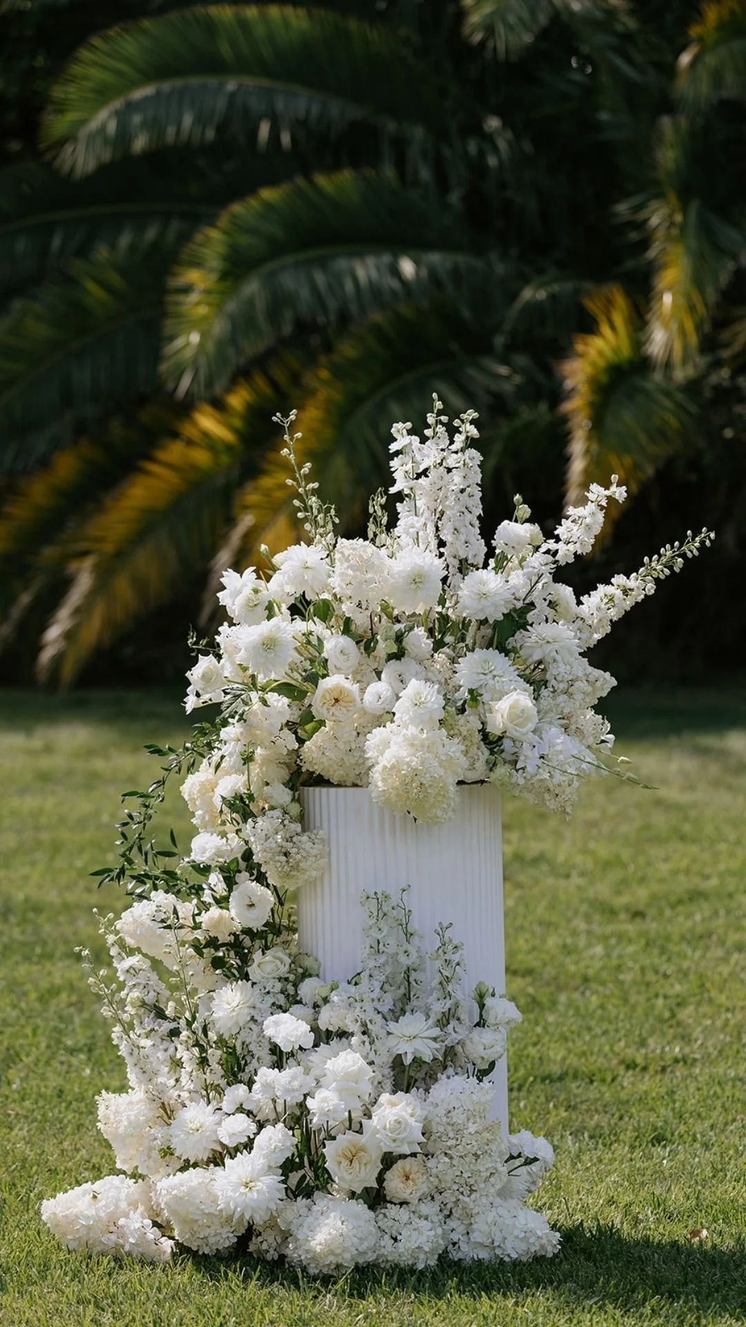 Arrangement of white flowers in a tall white vase outdoors against green foliage background